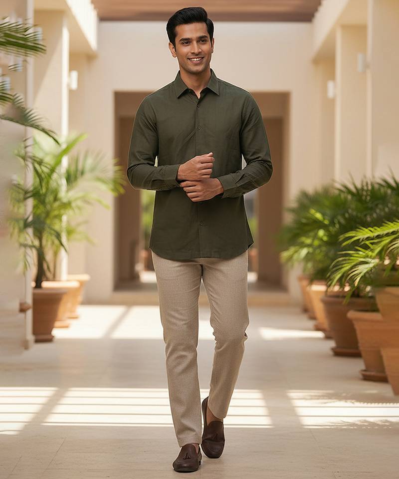 Olive green solid cotton shirt