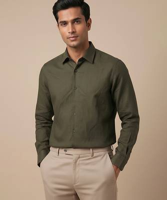 Olive green solid cotton shirt 3