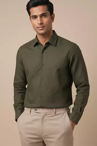 Olive green solid cotton shirt