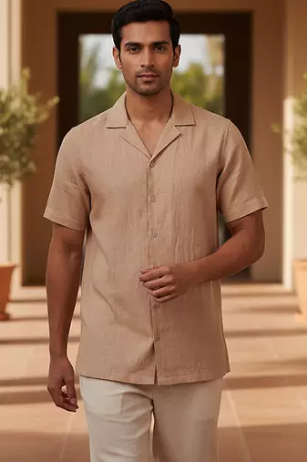 Beige solid linen shirt