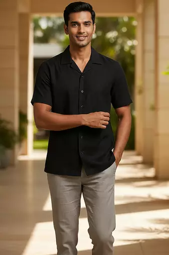 Black solid cotton shirt
