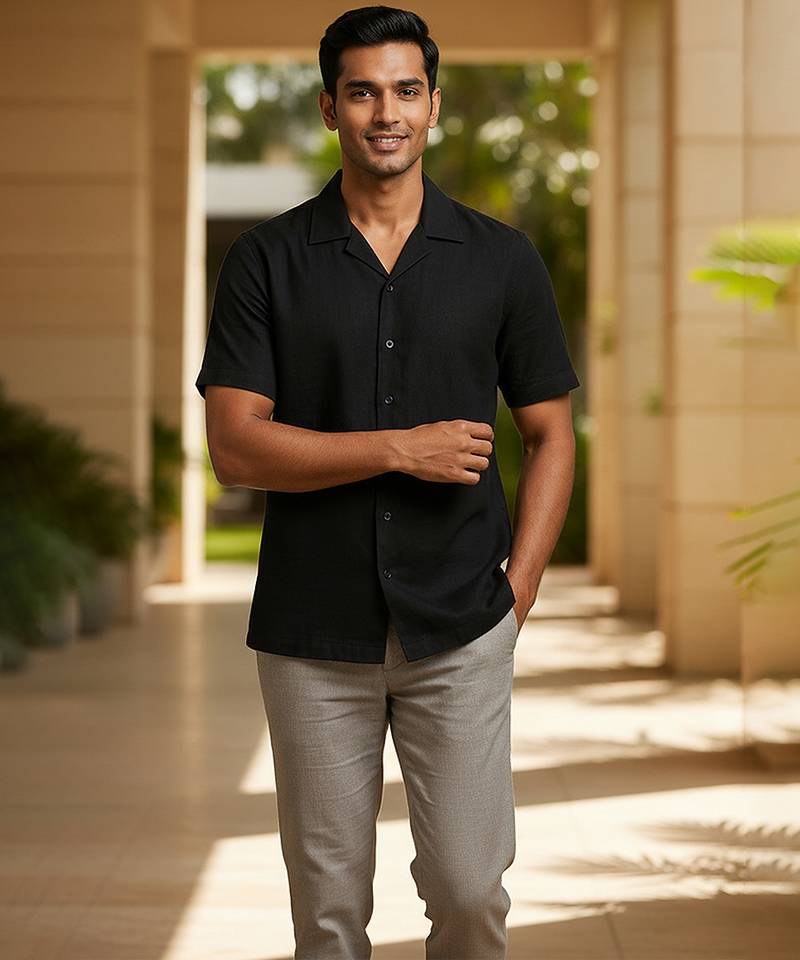 Black solid cotton shirt