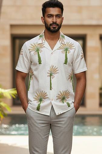 Ivory tree embroidered linen shirt