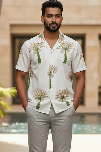 Ivory tree embroidered linen shirt