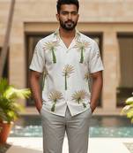 Ivory tree embroidered linen shirt