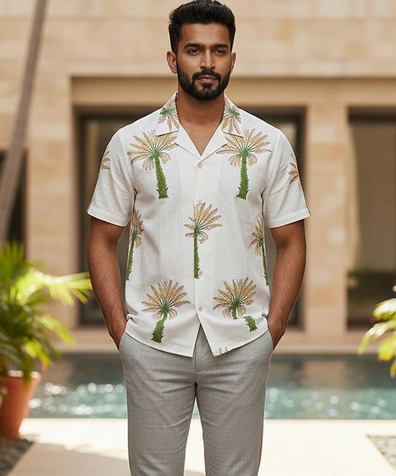 Ivory tree embroidered linen shirt