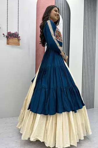 NAVRATRI WEAR BLUE COTTON LONG FLARED GAMATHI & MIRROR WORK LEHENGA CHOLI
