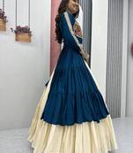 NAVRATRI WEAR BLUE COLOR COTTON LONG FLARED GAMATHI & MIRROR WORK LEHENGA CHOLI FREE SIZE FULL STITCHED.