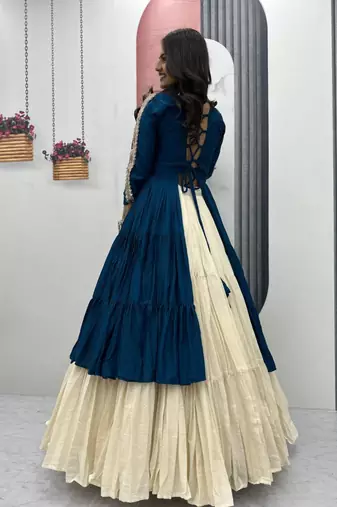NAVRATRI WEAR BLUE COTTON LONG FLARED GAMATHI & MIRROR WORK LEHENGA CHOLI