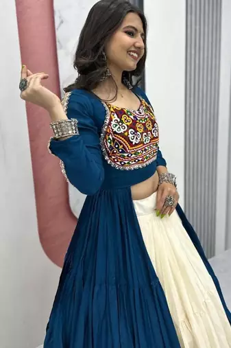 NAVRATRI WEAR BLUE COTTON LONG FLARED GAMATHI & MIRROR WORK LEHENGA CHOLI