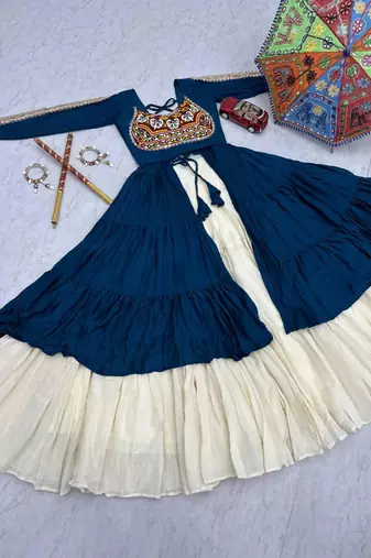 NAVRATRI WEAR BLUE COTTON LONG FLARED GAMATHI & MIRROR WORK LEHENGA CHOLI