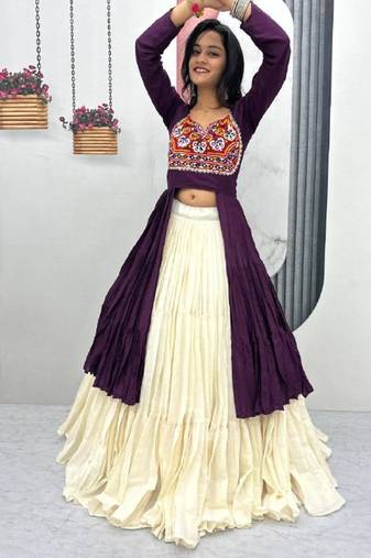 NAVRATRI WEAR PURPLE COTTON LONG FLARED GAMATHI & MIRROR WORK LEHENGA CHOLI