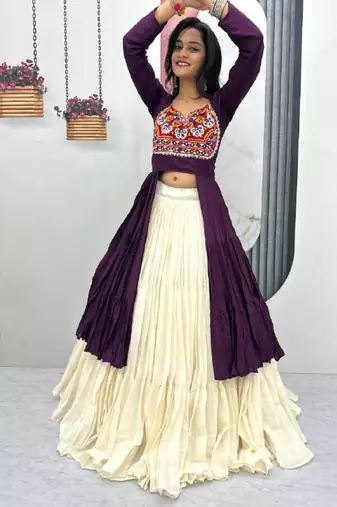 NAVRATRI WEAR PURPLE COTTON LONG FLARED GAMATHI & MIRROR WORK LEHENGA CHOLI