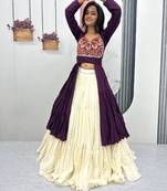 NAVRATRI WEAR PURPLE COLOR COTTON LONG FLARED GAMATHI & MIRROR WORK LEHENGA CHOLI FREE SIZE FULL STITCHED.