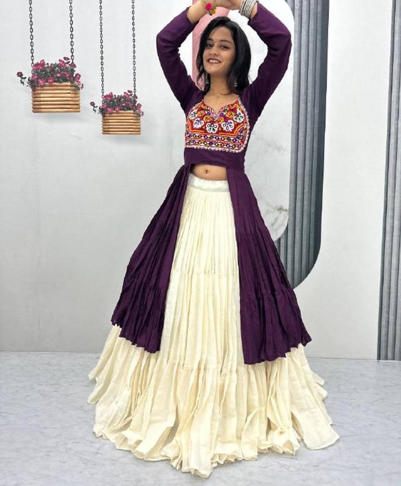 NAVRATRI WEAR PURPLE COLOR COTTON LONG FLARED GAMATHI & MIRROR WORK LEHENGA CHOLI FREE SIZE FULL STITCHED.