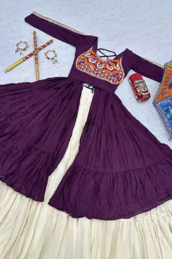 NAVRATRI WEAR PURPLE COTTON LONG FLARED GAMATHI & MIRROR WORK LEHENGA CHOLI