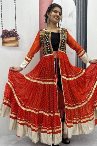 NAVRATRI WEAR RED FAUX GEORGETTE GAMATHI & MIRROR WORK SHRUG & CHOLI