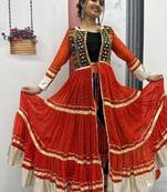 NAVRATRI WEAR RED COLOR FAUX GEORGETTE GAMATHI & MIRROR WORK SHRUG & CHOLI FREE SIZE FULL STITCHED.