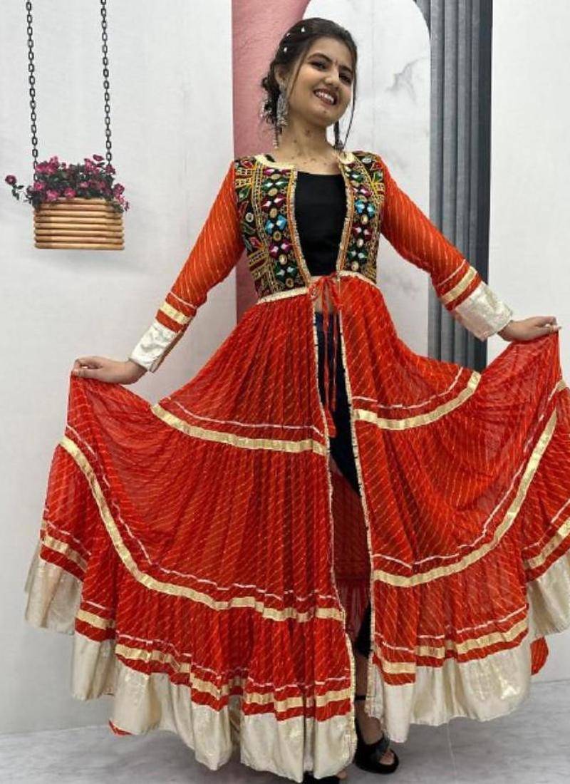 NAVRATRI WEAR RED COLOR FAUX GEORGETTE GAMATHI & MIRROR WORK SHRUG & CHOLI FREE SIZE FULL STITCHED.