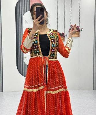 NAVRATRI WEAR RED FAUX GEORGETTE GAMATHI & MIRROR WORK SHRUG & CHOLI 2