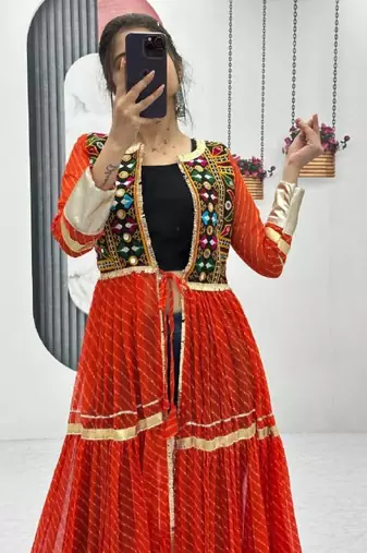 NAVRATRI WEAR RED FAUX GEORGETTE GAMATHI & MIRROR WORK SHRUG & CHOLI