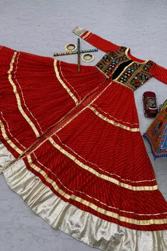 NAVRATRI WEAR RED FAUX GEORGETTE GAMATHI & MIRROR WORK SHRUG & CHOLI