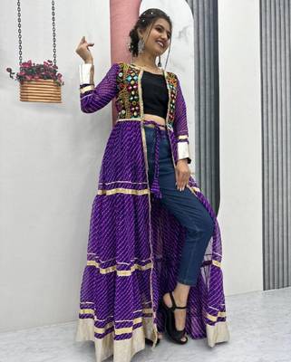 NAVRATRI WEAR PURPLE FAUX GEORGETTE GAMATHI & MIRROR WORK SHRUG & CHOLI 1