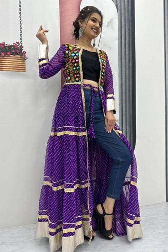 NAVRATRI WEAR PURPLE COLOR FAUX GEORGETTE GAMATHI & MIRROR WORK SHRUG & CHOLI FREE SIZE FULL STITCHED.