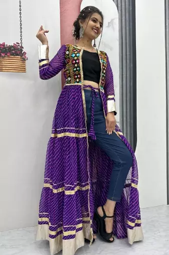 NAVRATRI WEAR PURPLE FAUX GEORGETTE GAMATHI & MIRROR WORK SHRUG & CHOLI
