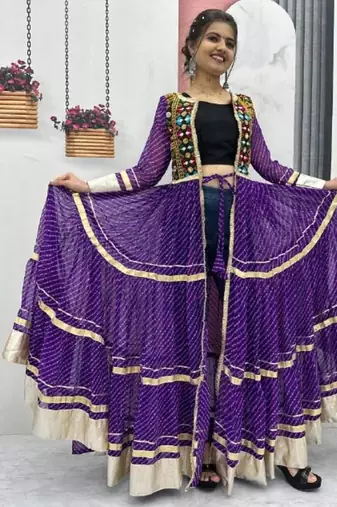NAVRATRI WEAR PURPLE FAUX GEORGETTE GAMATHI & MIRROR WORK SHRUG & CHOLI