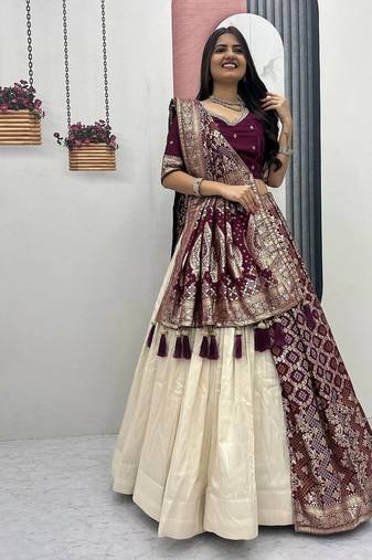 off white purple simar silk jacquard lehenga 
