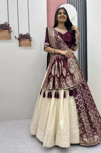 OFF-WHITE-PURPLE SIMAR SILK FREE SIZE LEHENGA JACQUARD UN-STITCH BLOUSE JACQUARD SOFT SILK LEHENGA SAREE