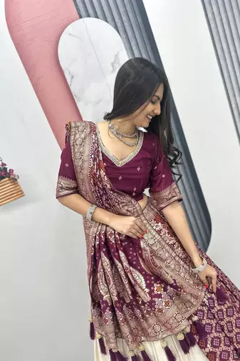 OFF-WHITE-PURPLE SIMAR SILK FREE SIZE LEHENGA JACQUARD UN-STITCH BLOUSE JACQUARD SOFT SILK LEHENGA SAREE