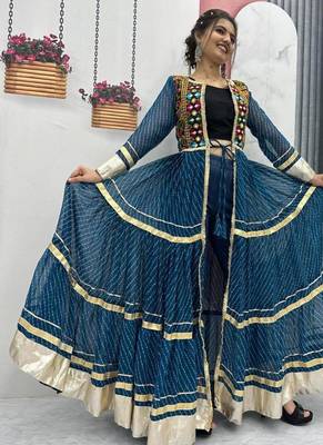NAVRATRI WEAR BLUE FAUX GEORGETTE GAMATHI & MIRROR WORK SHRUG & CHOLI 1