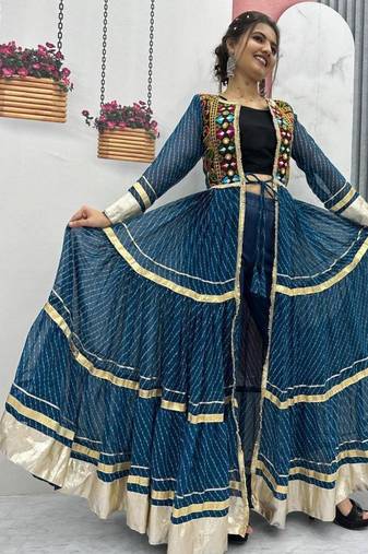 NAVRATRI WEAR BLUE FAUX GEORGETTE GAMATHI & MIRROR WORK SHRUG & CHOLI