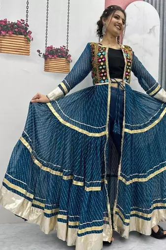 NAVRATRI WEAR BLUE FAUX GEORGETTE GAMATHI & MIRROR WORK SHRUG & CHOLI
