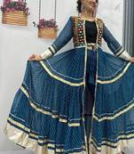 NAVRATRI WEAR BLUE COLOR FAUX GEORGETTE GAMATHI & MIRROR WORK SHRUG & CHOLI FREE SIZE FULL STITCHED.