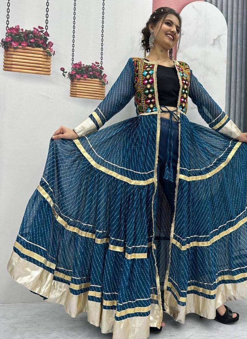 NAVRATRI WEAR BLUE COLOR FAUX GEORGETTE GAMATHI & MIRROR WORK SHRUG & CHOLI FREE SIZE FULL STITCHED.