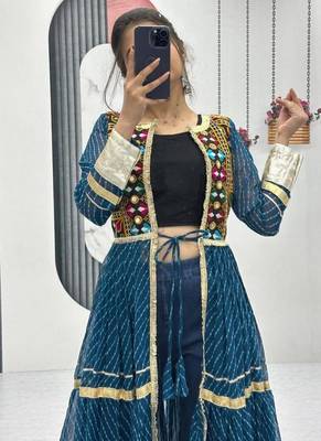 NAVRATRI WEAR BLUE FAUX GEORGETTE GAMATHI & MIRROR WORK SHRUG & CHOLI 3
