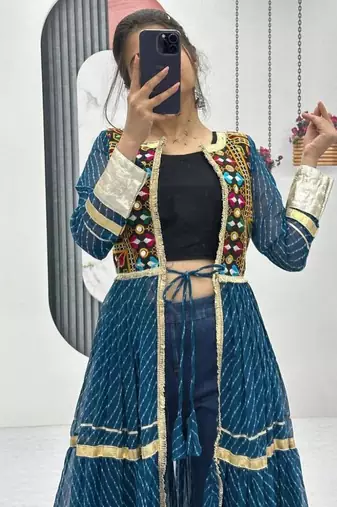 NAVRATRI WEAR BLUE FAUX GEORGETTE GAMATHI & MIRROR WORK SHRUG & CHOLI