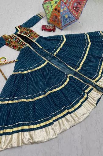 NAVRATRI WEAR BLUE FAUX GEORGETTE GAMATHI & MIRROR WORK SHRUG & CHOLI