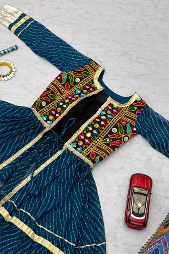 NAVRATRI WEAR BLUE FAUX GEORGETTE GAMATHI & MIRROR WORK SHRUG & CHOLI