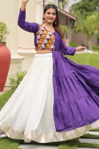 NAVRATRI WEAR BLUE COTTON RIBBON & LUMPI LACE BORDER FLARED LEHENGA CHOLI