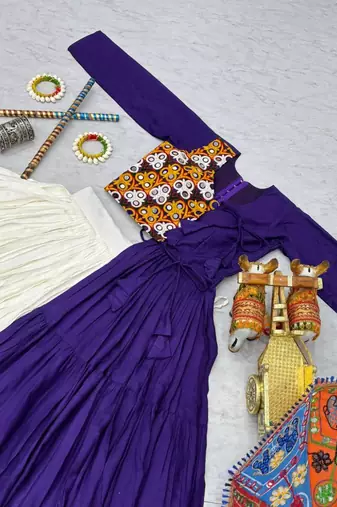 NAVRATRI WEAR BLUE COTTON RIBBON & LUMPI LACE BORDER FLARED LEHENGA CHOLI