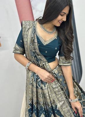 OFF-WHITE-GREEN SIMAR SILK FREE SIZE LEHENGA JACQUARD UN-STITCH BLOUSE JACQUARD SOFT SILK LEHENGA SAREE 5