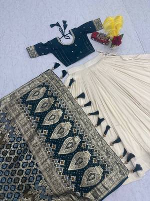 OFF-WHITE-GREEN SIMAR SILK FREE SIZE LEHENGA JACQUARD UN-STITCH BLOUSE JACQUARD SOFT SILK LEHENGA SAREE 6