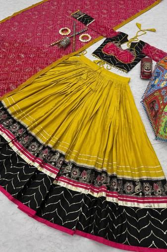 gold embroidered silk blend rayon navratri lehenga with blouse