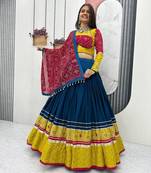 NAVRATRI WEAR BLUE RAYON THREAD SEQUINCE EMBROIDERED LEHENGA CHOLI DUPATTA FREE SIZE FULL-STITCHED.