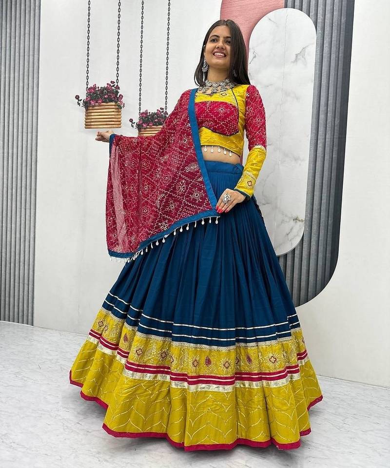 NAVRATRI WEAR BLUE RAYON THREAD SEQUINCE EMBROIDERED LEHENGA CHOLI DUPATTA FREE SIZE FULL-STITCHED.