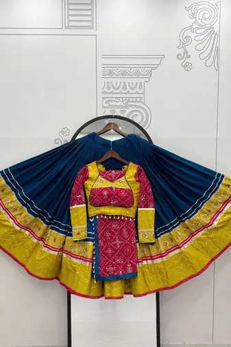 NAVRATRI WEAR BLUE RAYON THREAD SEQUINCE EMBROIDERED LEHENGA CHOLI DUPATTA 